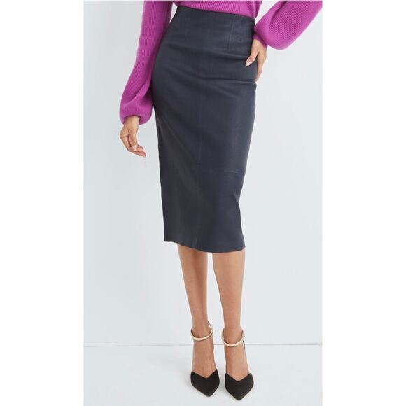 Veronica Beard Kaliyah Navy Leather Pencil Skirt - Picture 1 of 14